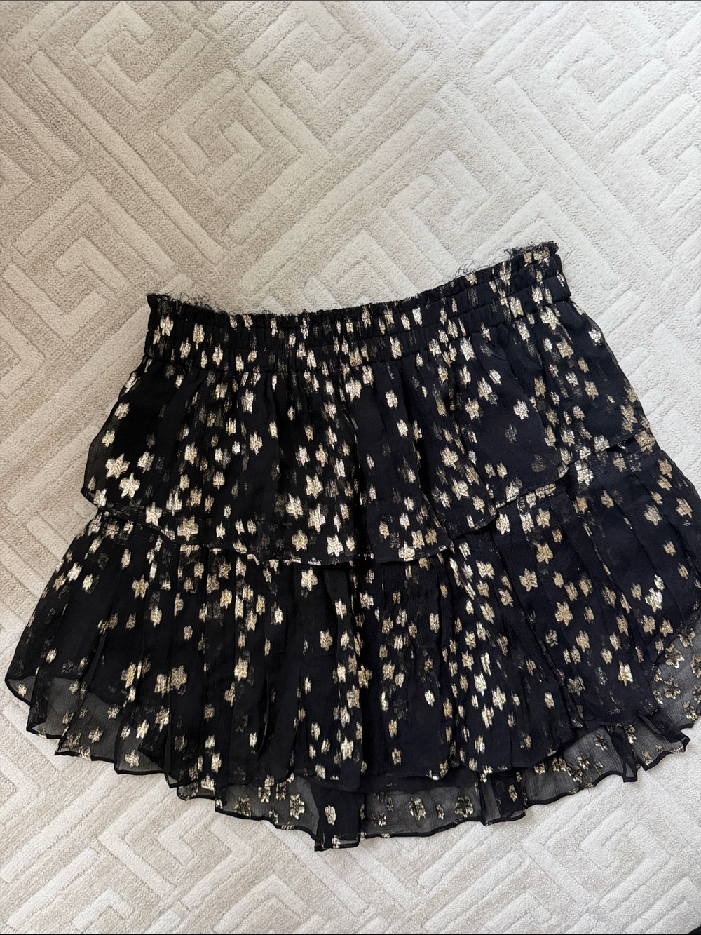 LoveShackFancy Black Tiered Ruffle Skirt with Gold Foil Accents